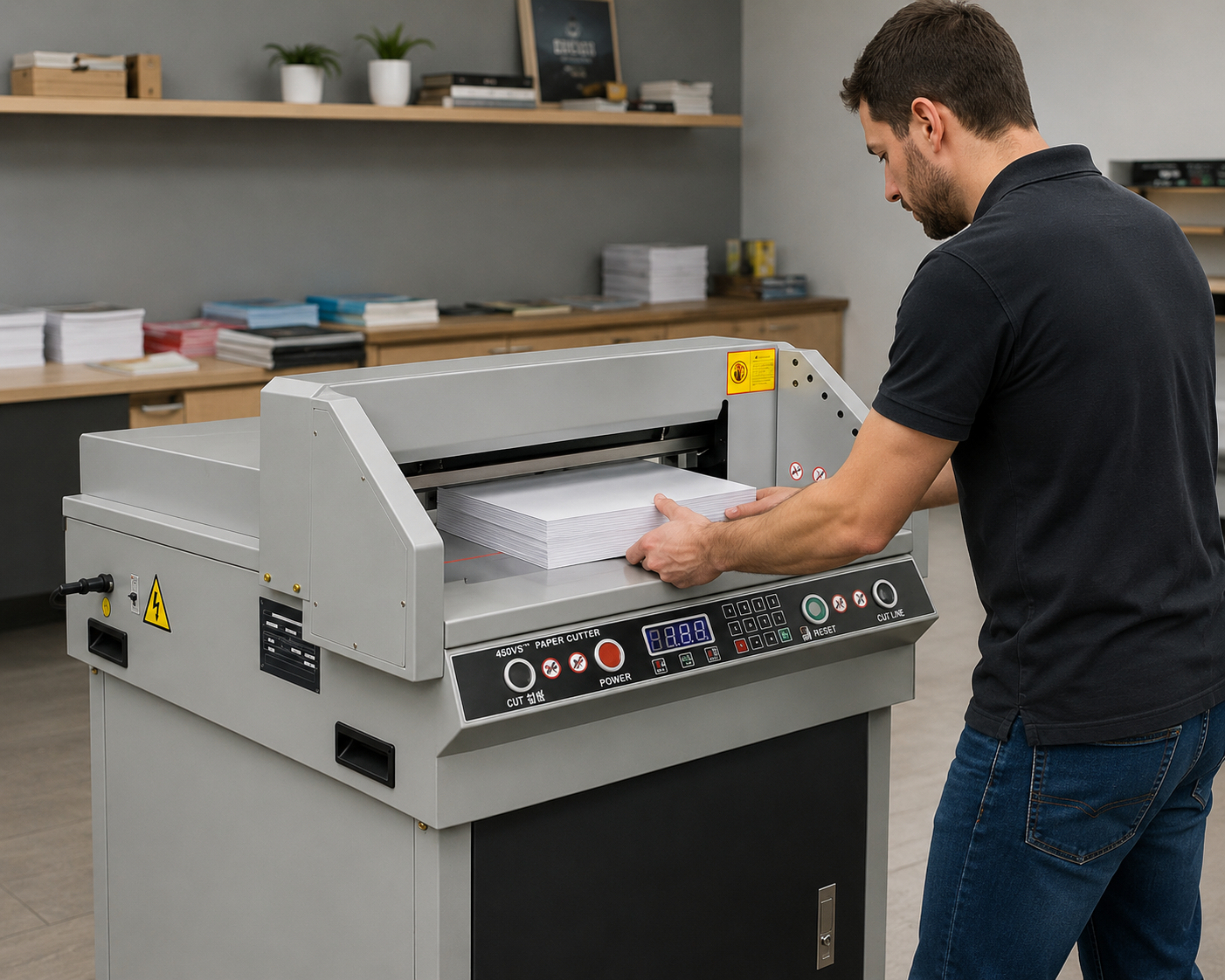 Operador posicionando uma pilha de papel na Guilhotina Elétrica Digital 450 VS+